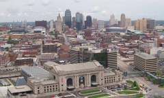 Kansas City skyline with Liberty Memorial at sunset