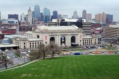 Kansas City Union Station photographed from Liberty Memorial showing historic architecture under blue sky