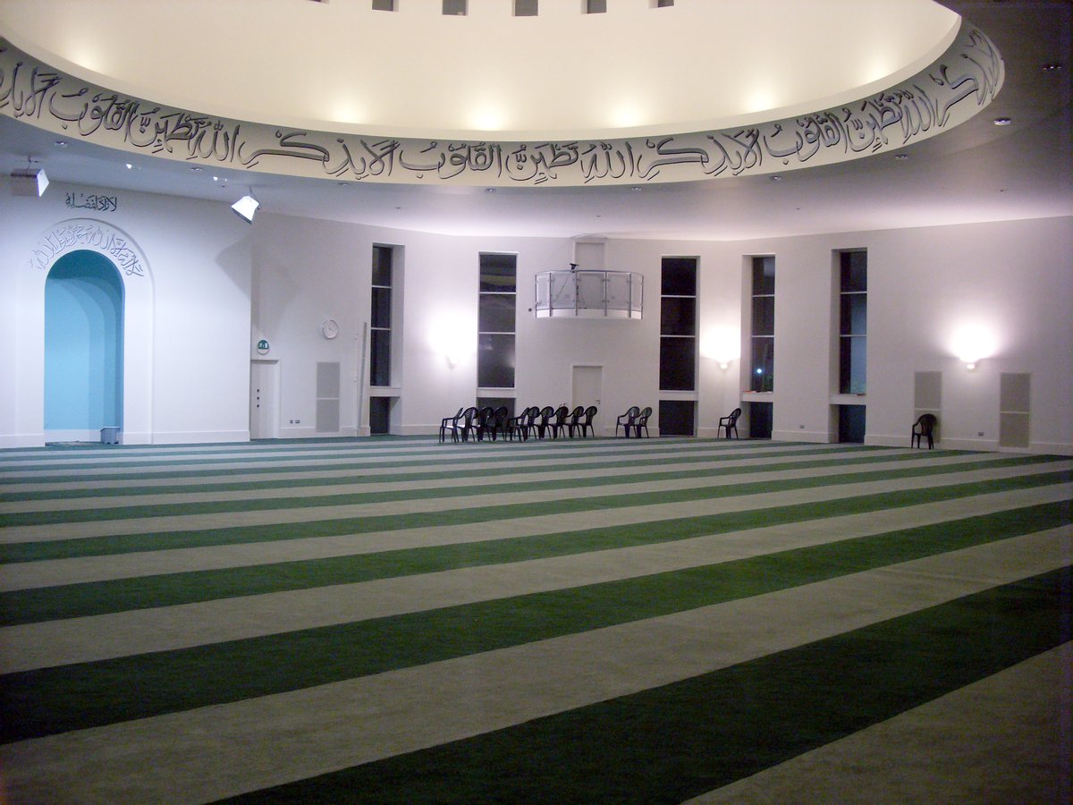 Interior of the Bait ul-Futuh mosque prayer hall with Islamic architectural design