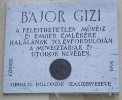 Commemorative plaque of Gizi Bajor on Stromfeld Aurél Street No 16 in Budapest District XII