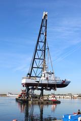 Coast Guard Yard Baltimore undocking 87-foot Coast Guard Cutter Coho after maintenance