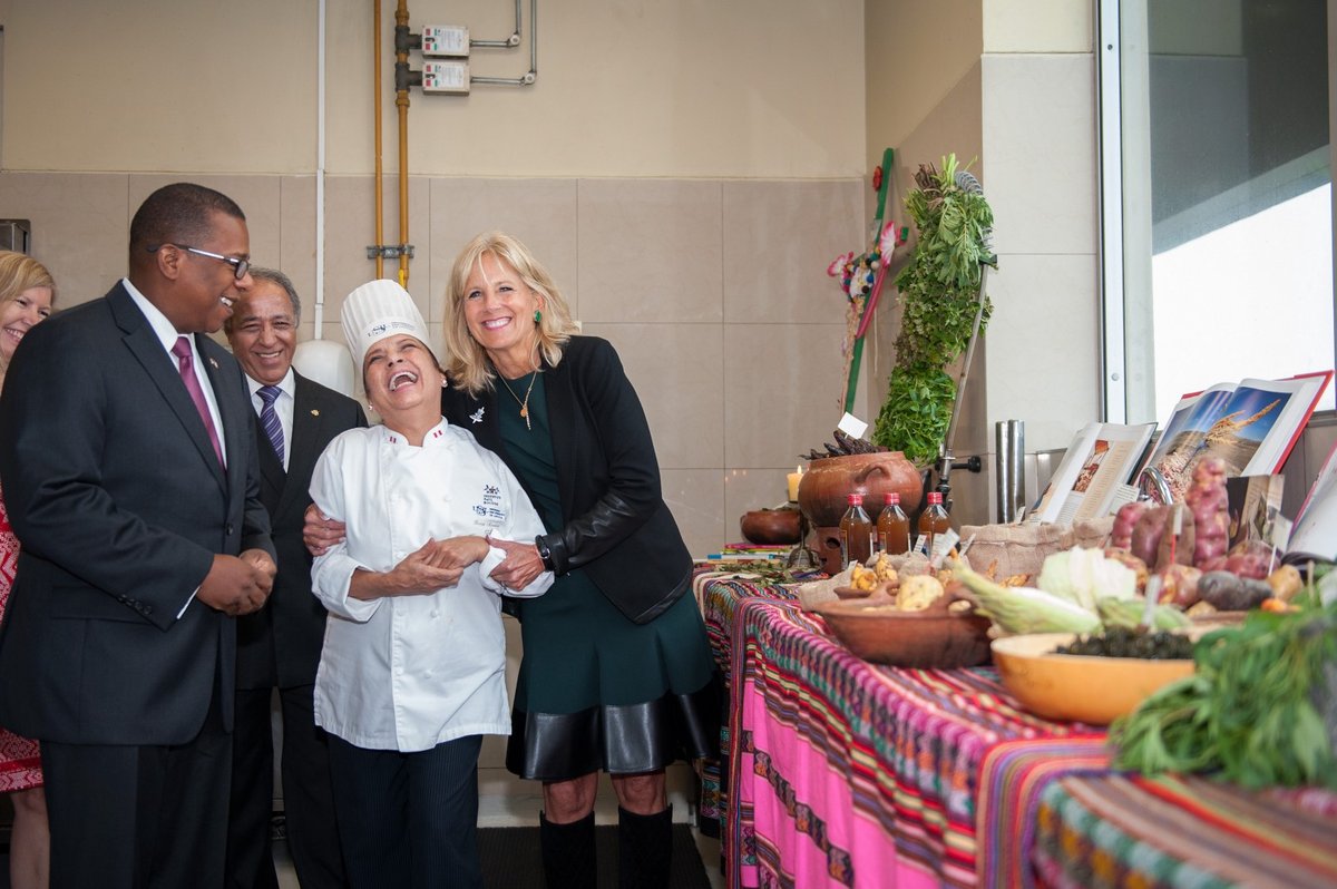 Culinary students and teachers at San Ignacio de Loyola University sharing recipes with Dr. Jill Biden and Ambassador Nichols in Lima, Peru