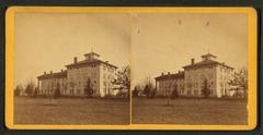 Historic University of Michigan Medical Department building captured in black and white