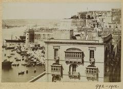 View of Lascaris Bastion and Upper Barrakka Gardens in Valletta with sea and sky