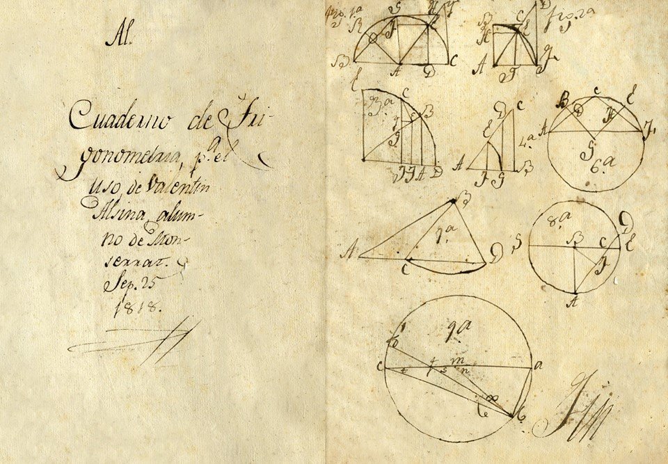 Page from Valentín Alsina's trigonometry notebook dated September 1818 with handwritten mathematical notes and diagrams