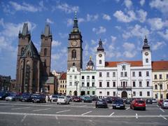 View of the main landmarks in Hradec Králové including the Church of the Holy Spirit, the White Tower, and the former town hall