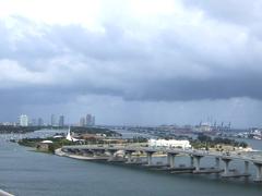 Scenic view from Miami across Biscayne Bay towards Miami Beach with the Venetian Causeway road in the foreground