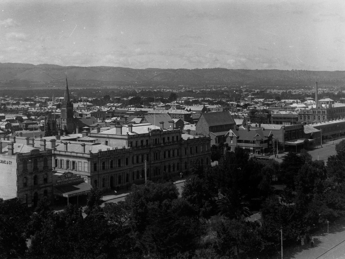 Adelaide cityscape looking southeast from Post Office Tower showing Victoria Square and Schumacher Motor Works in 1910