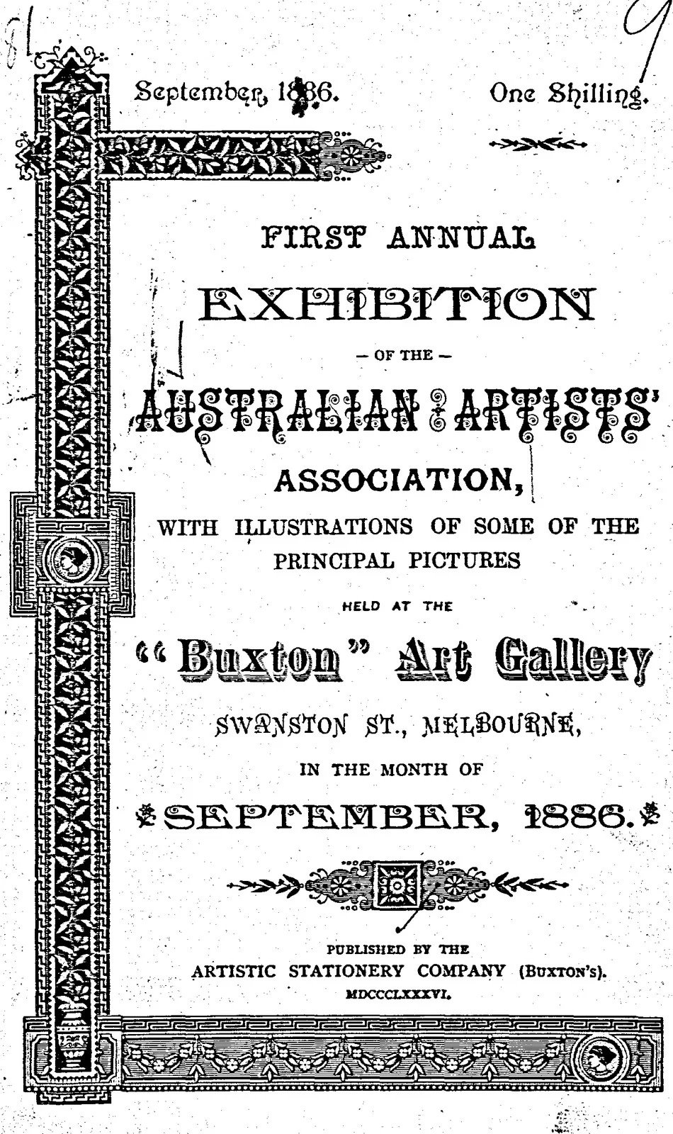 Front page of the catalogue of the First annual exhibition of the Australian Artists' Association, September 1886