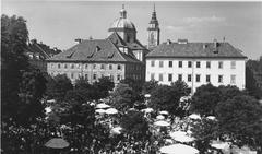 Postcard of Ljubljana Vodnik Square showing lively city square with historic buildings