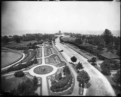 Early 1900s Volunteer Park formal gardens, reservoir, lily ponds, and pavilion with bandstand in Seattle