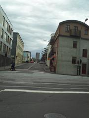 View along Ægisgata street towards Reykjavik's Catholic church on a cloudy day