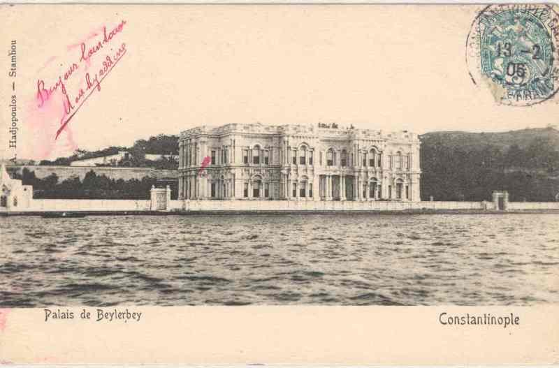 Historical postcard depicting the Beylerbey Palace in Constantinople along the Bosphorus