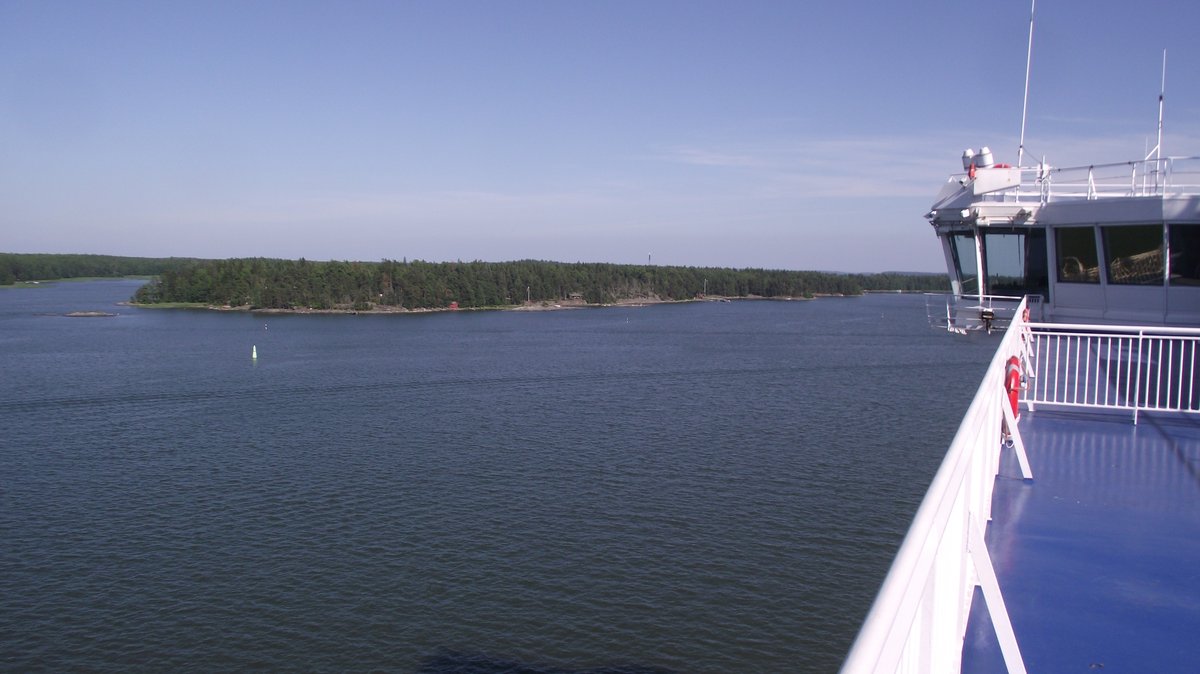 Ferry Finnmaid departing from Vuosaari Harbour with Mölandet island in front