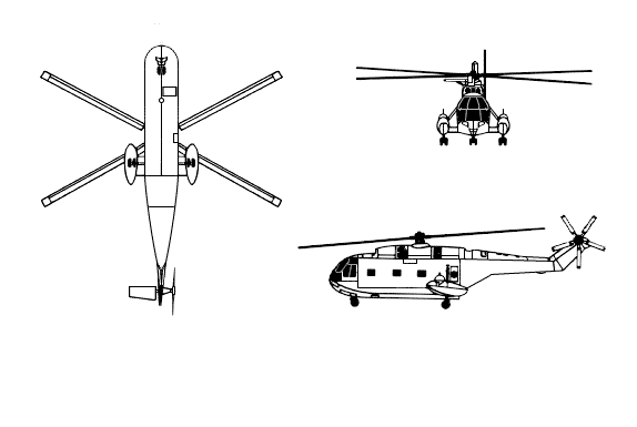 3-view line drawing of Aérospatiale SA 321 Super Frelon helicopter
