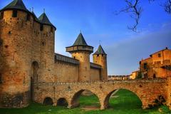 Castle in Carcassonne, medieval fortress with stone walls and towers