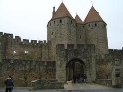 View of Carcassonne Citadel with ancient stone walls and towers