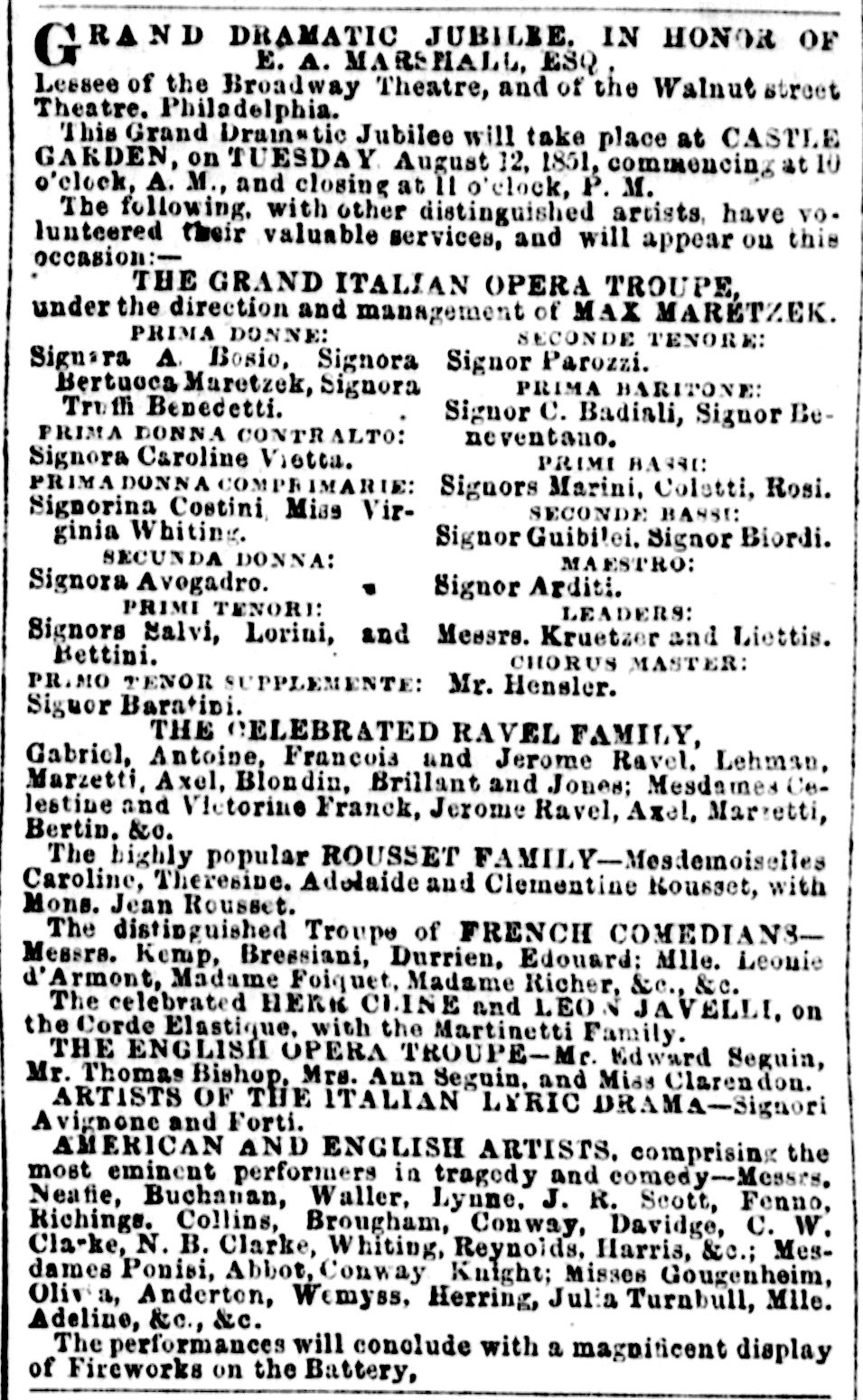 Newspaper advertisement for testimonial benefit of E. A. Marshall at Castle Garden in 1851