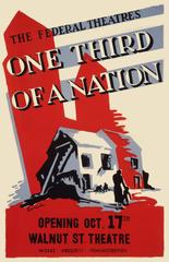 Silkscreen poster for One-Third of a Nation play, featuring abstract human figures and bold text.