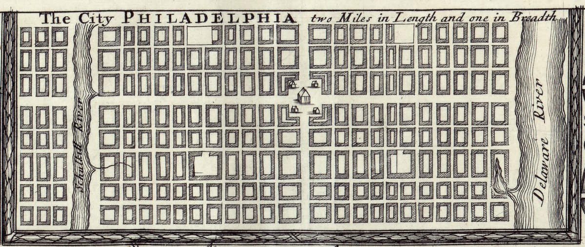 Detail of 1687 Thomas Holme map showing the plan of Philadelphia with Centre Square and Friends Meeting House