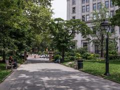 Wide flagstone path bordered by leafy trees in Washington Square Park