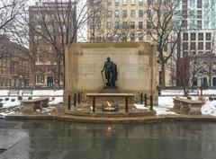 Tomb of the Unknown Soldier of the American Revolution covered in snow during winter at Independence National Historical Park in Pennsylvania