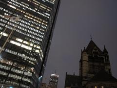 Copley Square in Boston with historic buildings and overcast sky in November 2009