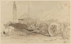Pencil drawing of Et'hem Bey mosque and clock tower in Tirana