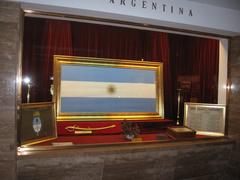 Argentinian flag with emblem and anthem in the Honor Gallery of the Flags of America at the Flag Monument in Rosario