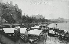 View north along Thames River with LCC Steamboat and passengers disembarking near Westminster Pier in 1907