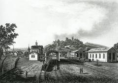 Bahnhof Baden train station in Switzerland around 1850 with early steam locomotive and passengers