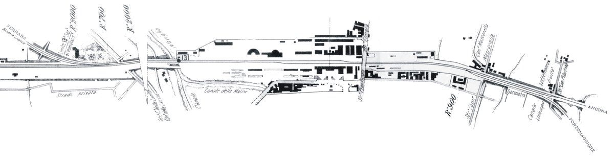 Historic architectural drawing of Bologna Centrale railway station in 1871