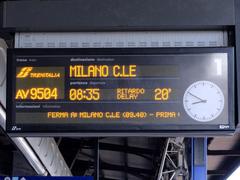 Train departure display board at Bologna Centrale railway station in Italy showing train schedules
