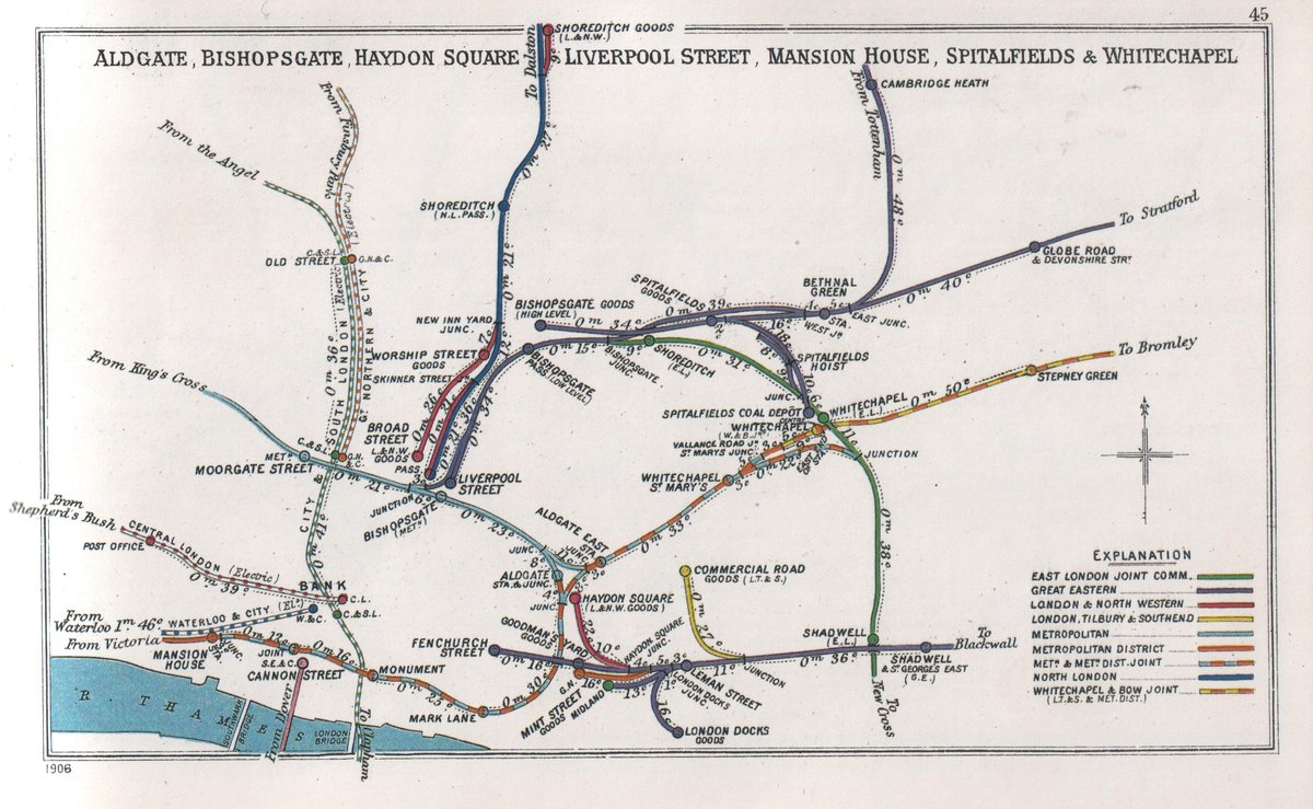 Railway junctions in Aldgate, Bishopsgate, Haydon Square, Liverpool Street, Mansion House, Spitalfields, and Whitechapel showing a complex network of tracks