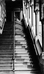 Broad Street Station Lombardic staircase in 1967 with sunlit arches casting shadows on steps