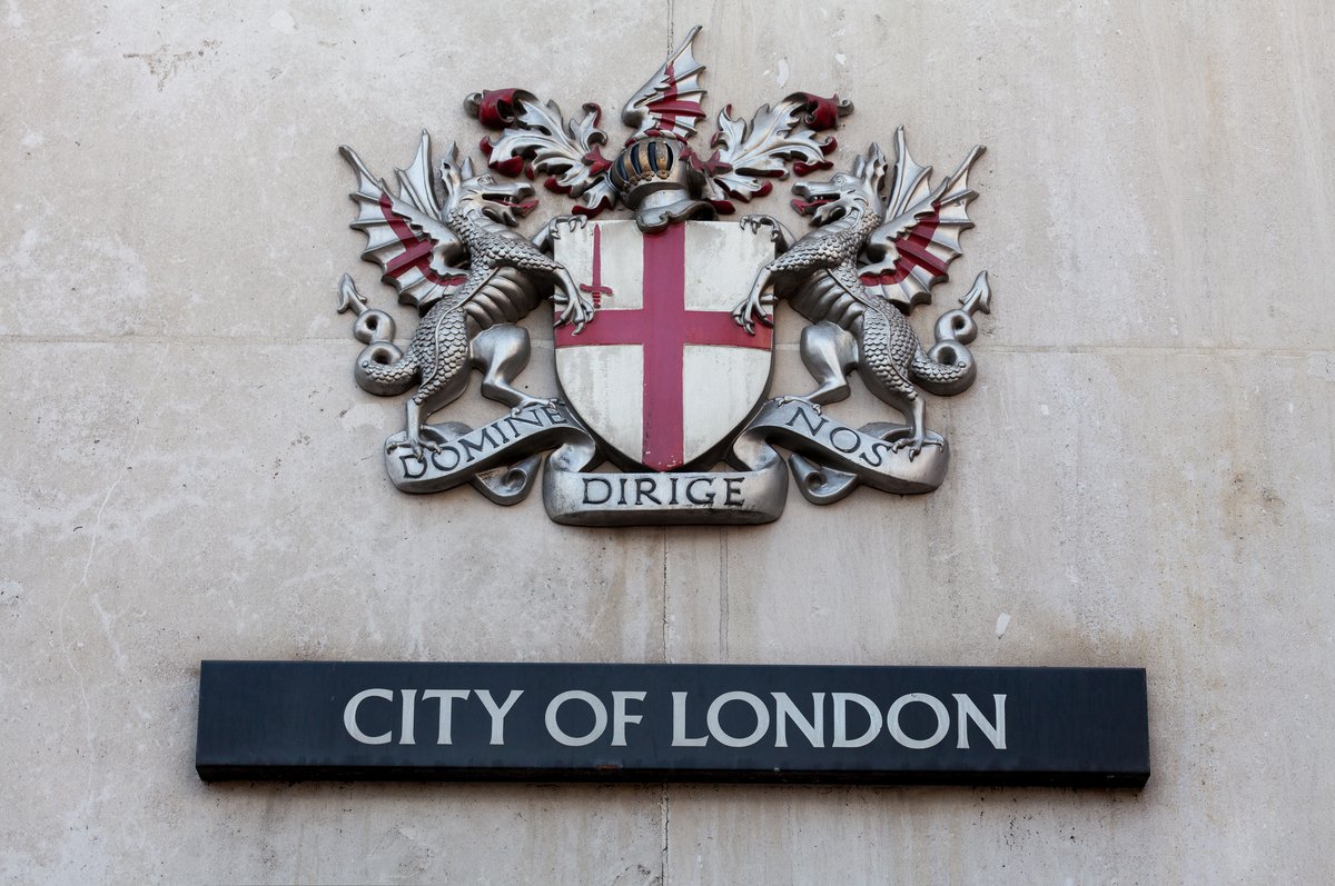 Coat of arms of the City of London Corporation on entrance of City Thameslink