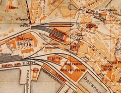 Vintage map detail of Genoa including Stazione Principe railway station from 1906