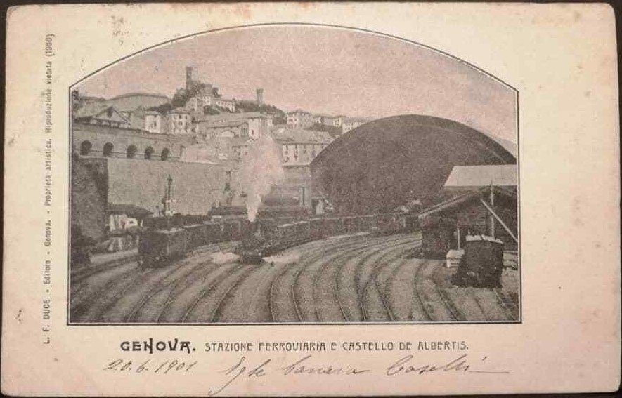 Historic postcard of Genova showing Stazione Ferroviaria and Castello De Albertis from June 20, 1901