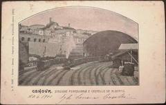 Historic postcard of Genova showing Stazione Ferroviaria and Castello De Albertis from June 20, 1901