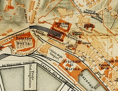 Map crop showing Stazione Principe in Genoa from 1886 travel handbook