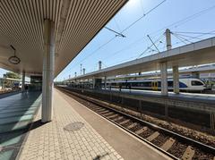 Budapest Kelenföld railway station exterior with railway tracks and signal poles