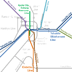 Railway map showing train lines and stations around Kyoto Station in Japan