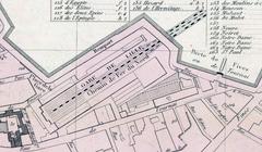 Detailed map of Lille city in 1857 showing intra-muros train station installations