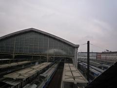 Exterior view of Lille Flandres train station with pedestrian footbridge