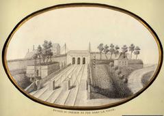 Artistic view of the railway entrance passing through fortifications to the intra muros train station in Lille by Baron in 1860