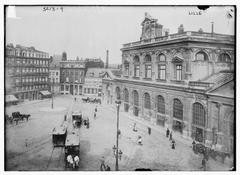 Historic street view in Lille with old European buildings and street lamps