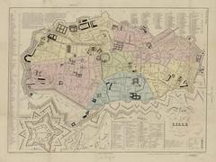 Historic map of Lille city in 1857 showing railway layout and first city station within city walls