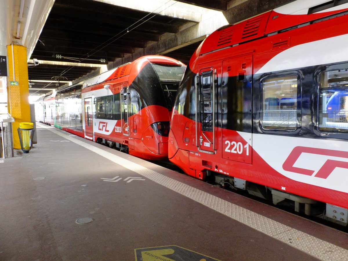 Dual train set of mid-life refurbished CFL Class 2200 trains 2203 and 2201 at Gare de Metz-Ville