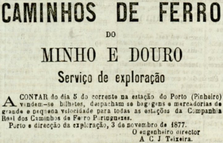 Public announcement from 1877 about Pinheiro train station serving Royal Portuguese Railways