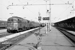 Diesel locomotive D.341.2020 at Rimini leading the Adria Express train departing for Vienna, with two front headlights and missing the third headlight